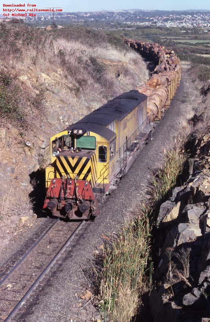 Although log trains again run in Tasmania they do not match the size or number of those running in the 1970s and 1980s. On 26 march 1981 Z1 hauls a lengthy train 275 to Long Reach at Vermont Road on the Launceston Deviation