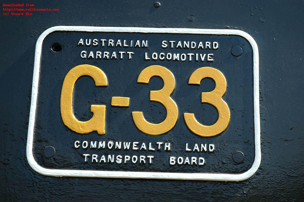 As the Australian Standard Garratts were built as a wartime measure they were initially owned by the Commonwealth Land Transport Board and provided to the various railways on loan or lease, so carried these CLTB plates and were numbered in a single sequence from G1 to G65, irrespective of where in the country they were stationed. Later the locomotives were often on sold, and in some cases renumbered by their new owners (notably the South Australian Railways and the Emu Bay Railway), although the TGR retain the original, numbers scattered between G6 and G62
