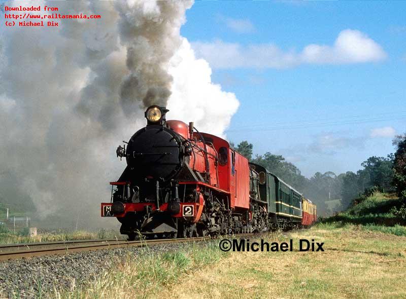 MA2 and M5 at Relbia with a combined train of Don River Railway and Tasmanian Transport Museum rolling stock. November 2001