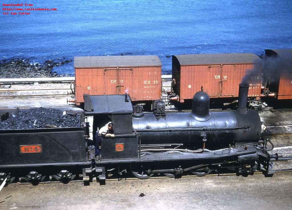 Emu Bay Railway No. 4 (James Martin 168 of 1897) shunts in Burnie yard on 18 January 1961, with two TGR EX class insulated vans in the background. The loco was withdrawn shortly after.