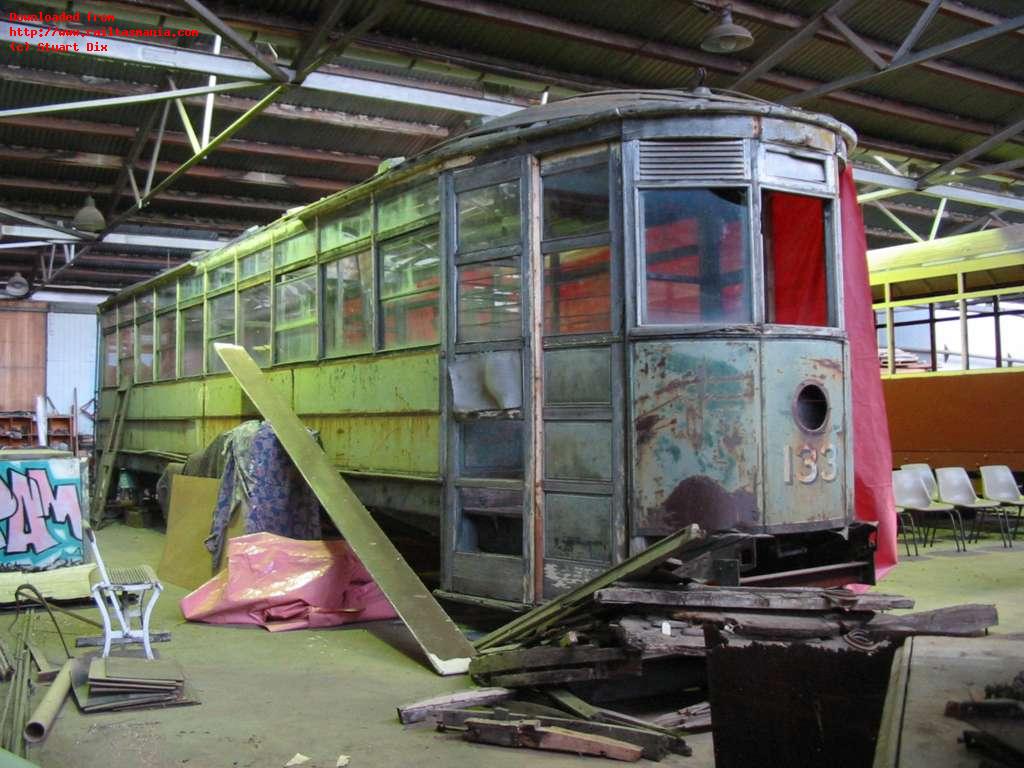 Hobart tram No. 133 awaiting restoration at TMAG workshops, February 2004