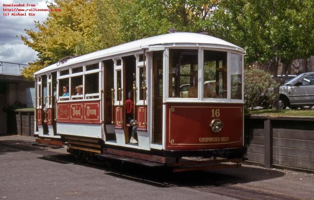 Launceston Tram No. 16 arrives at the Gunpowder Mill at the Penny Royal World, Launceston, January 1994