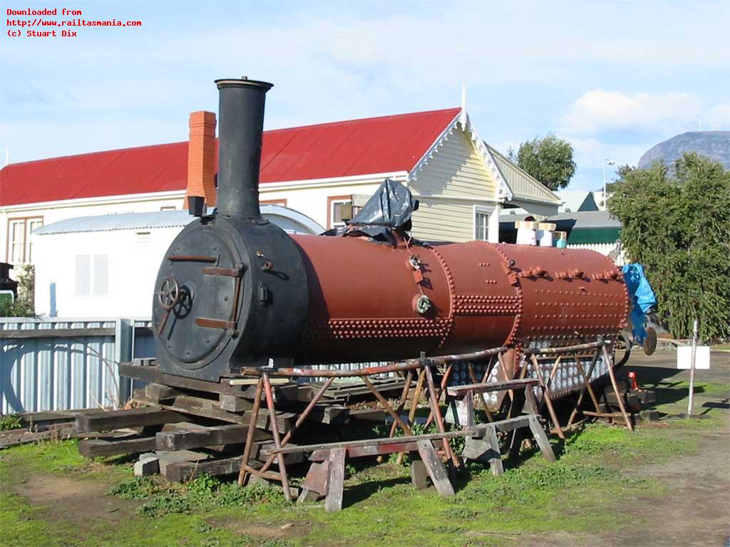 The boiler of steam loco C22 off the frame while it undergoes retubing, July 2002