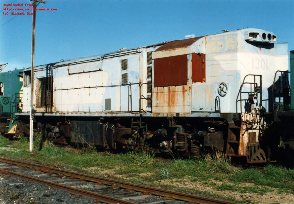 Queensland Railways 1301 was never used in Tasmania and therefore not renumbered to a ZC. It was one of a group of locos stored at various locations around the Launceston area prior to being scrapped in late 1996. In August 1996, it was photographed at Western Junction with its windows boarded up and still reasonably complete