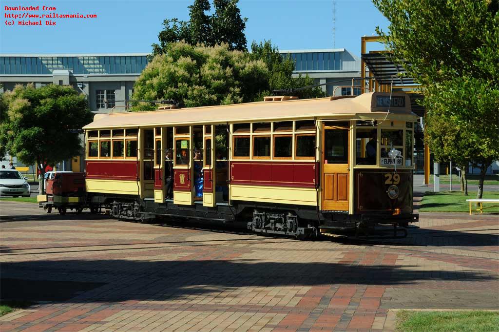 Ex Launceston tram No. 29 passes the Queen Victoria Museum at Inveresk, Launceston. March 2011