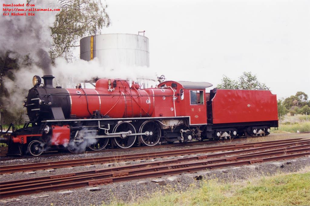 M6 sits at the head of its train waiting for departure time from Drysdale on the Bellarine Peninsular Railway (Victoria), April 2000