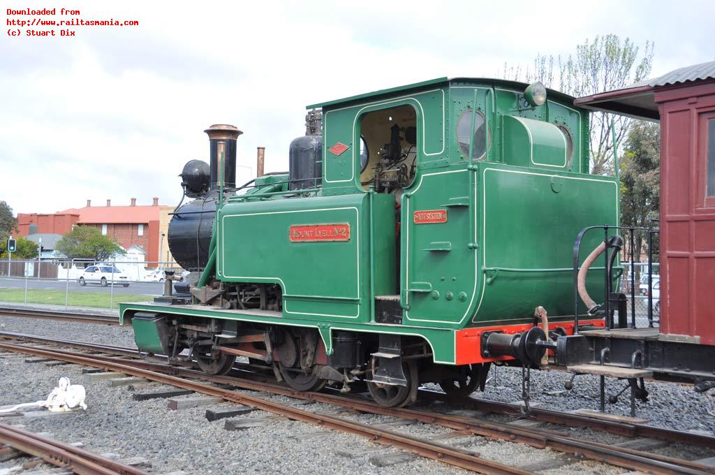 Ex Mt Lyell Rack Tank No. 2 and ex TMLR carriage A+17 wait outside the carriage shed during shunting operations, October 2011