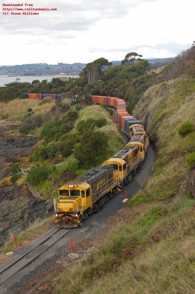 In a scene that wasnt possible 12 months ago, 2001-2053-2052-2054 head Hobart - Burnie train 536 at Lonah on 31 May 2012