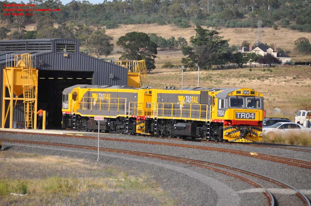 TR04 and TR01 wait outside the Quick Fit at Brighton prior to commencing the days testing to Parattah, January 2014