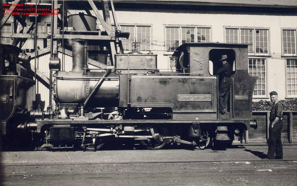 Abt No. 2 at Queenstown in the 1920s. The loco still sports the original small coal bunker and oil lamps, and although the original sandboxes near the dome are still in place they have been disconnected and new boxes fitted to the water tanks