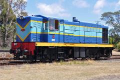Former Emu Bay Railway locomotive 1002 runs around its train at Coles Beach station on the Don River