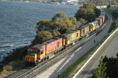 Z2112 - ZA2117 - Z2110 haul MKA2137 and train 536 under the Tasman Bridge and out of Hobart yard, 22