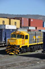 Newly released to service, loco 2001 displays the new TasRail corporate colour scheme as it sits in 