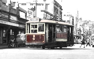 Launceston Tram 9, at the corner of George and Cameron Streets, Launceston. 25 September 1948. Photo: K. Flood / ARHS Tasmania Collection