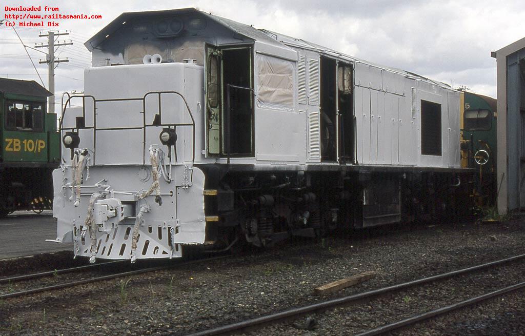 Prior to being repainted yellow, ZB13 sits at East Tamar in white undercoat, December 1996