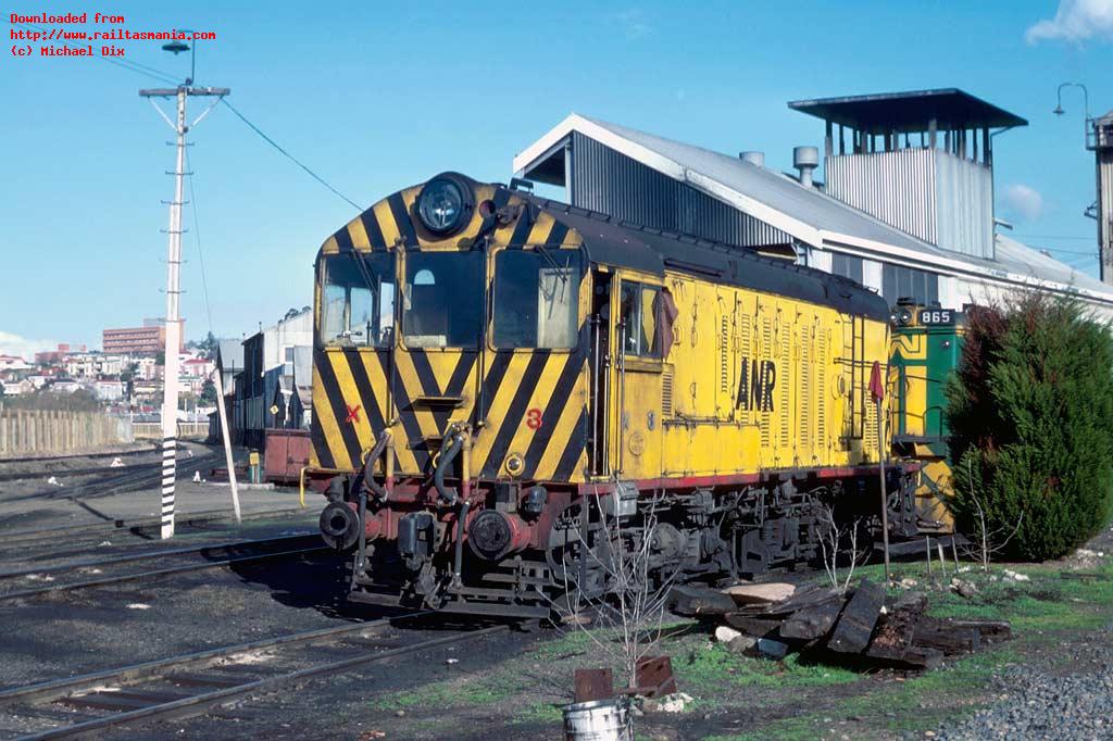 X3 sits outside the diesel workshops at Launceston, August 1983